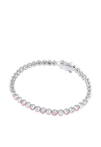 Silver armband med växlande rosa och klara runda stenar i en länkad design, säkrad med ett lås.