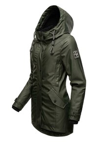 Olive green insulated jacket with a faux fur-lined hood, snap buttons, two large front pockets, and elastic cuffs. Features brand logo patch.