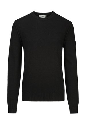 Schwarzer langärmeliger Strickpullover mit Rundhalsausschnitt sowie gerippten Bündchen an Ärmeln und Saum, vor weißem Hintergrund gezeigt.
