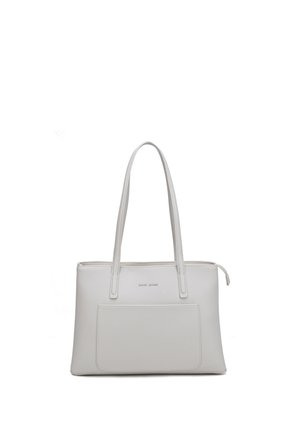 Borsa tote in pelle bianca con manici lunghi, tasca frontale e chiusura superiore con cerniera.