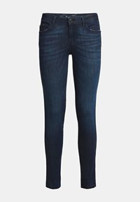 Vaqueros ajustados en denim azul oscuro, con cierre frontal de botón, cinco bolsillos y detalles en costura blanca. Textura suave y ajuste ceñido.