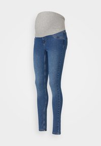 Kismama farmer, rugalmas, szürke, a pocak fölé érő derékkal, kék denim, karcsú szabású, standard lábhosszal és minimális részletezéssel.