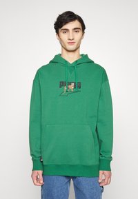 Felpa verde in cotone con tasca a marsupio, presenta un logo ricamato e un grafico di animali sul petto, con cappuccio regolabile con cordino.