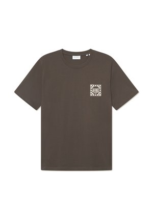 Dark olive green cotton t-shirt with a round neckline and short sleeves, featuring a small printed square logo on the left chest.