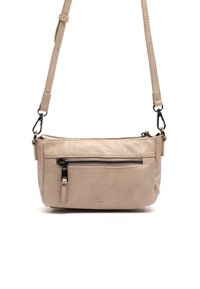 Borsa a tracolla in pelle beige con finitura testurizzata, dotata di una chiusura superiore con zip e una tasca frontale con chiusura a zip. Include una tracolla regolabile.