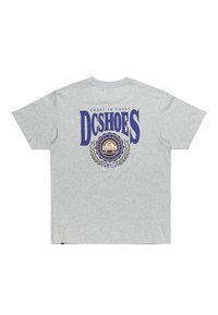 Gray short-sleeve t-shirt featuring a large blue "DC SHOES" graphic and circular logo design on the back, with laurel accents.