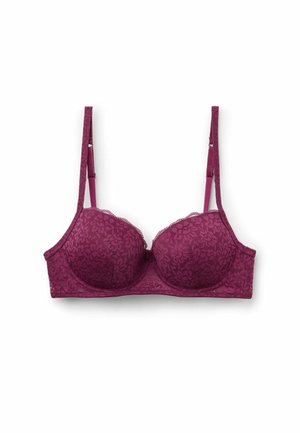 Burgunderfarbener Spitze-BH mit gepolsterten Cups, floralen Mustern, verstellbaren Trägern und einer gewellten Spitzenkante entlang der oberen Kanten.