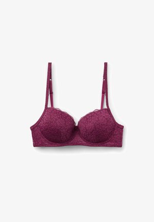 Soutien-gorge en dentelle bordeaux avec bonnets rembourrés, motif floral, bretelles réglables et bordure en dentelle festonnée le long des bords supérieurs.