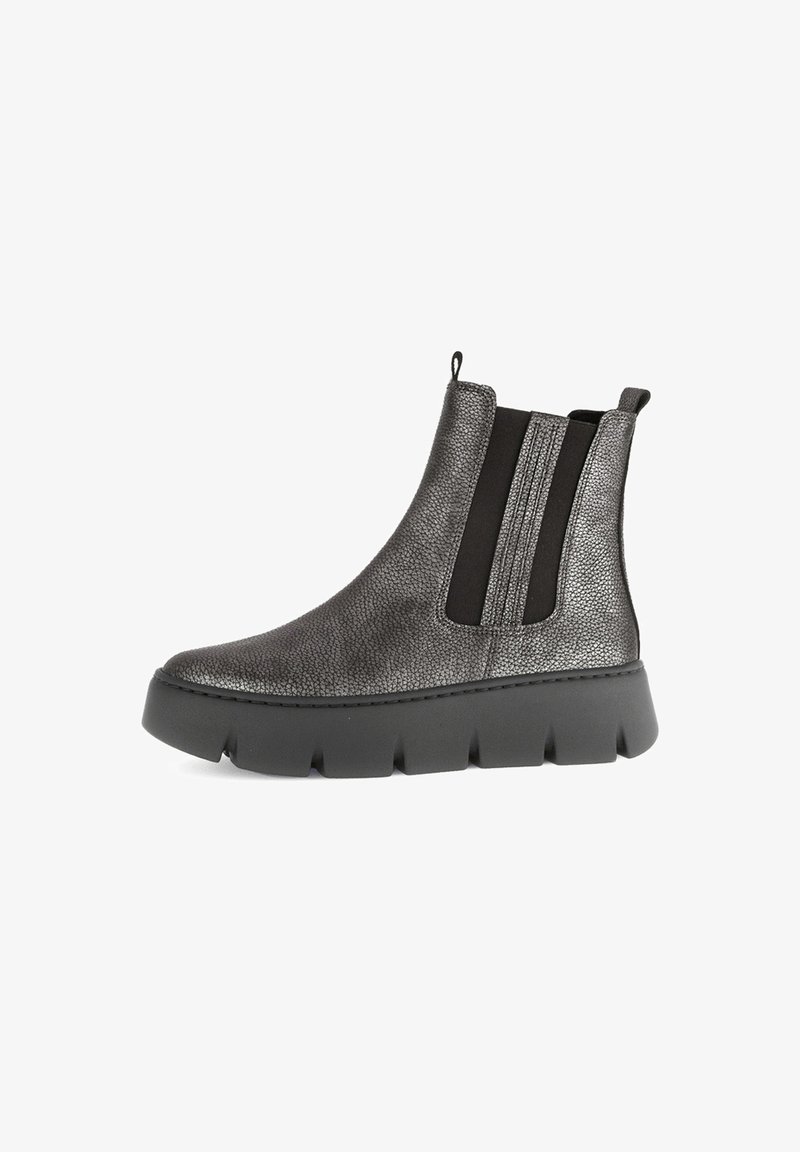 Metallic textured Chelsea ankle boot with black elastic side panels and thick black ridged sole.
