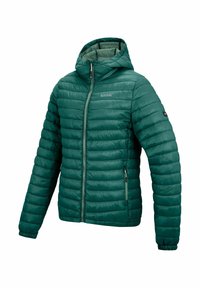 Veste matelassée verte à capuche avec fermeture éclair frontale et poches latérales zippées, isolation légère et poignets élastiques.