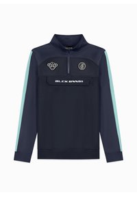 Marine pullover sweatshirt met een halve rits, lichtblauwe zijpanelen, een voorkant zak en logo's; gemaakt van een zachte, lichte stof.
