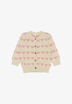 Beige gestrickte Strickjacke mit rosa Herzmustern, Rundhalsausschnitt und Knopfleiste. Lange Ärmel mit gerippten Bündchen und Saum.