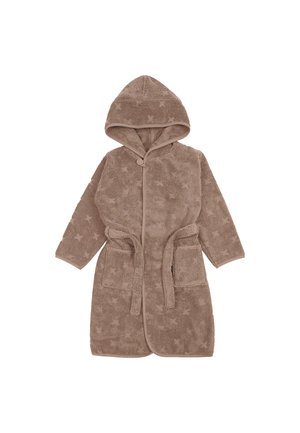 Brun hættebadekåbe til børn med stjernemønstre, frontknapper, bundet taljebælte og to forlommer.