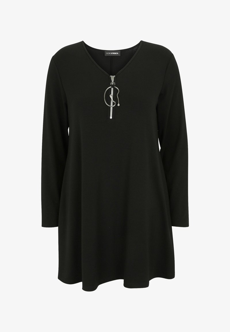 Schwarze Langarm-Tunika aus weichem Material mit V-Ausschnitt und einem silbernen Reißverschlussdetail am Kragen. Verfügt über einen lässigen, lockeren Schnitt.
