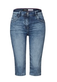 Pantaloni capri in denim blu con chiusura frontale a bottone, cinque tasche e una finitura sbiadita. Presentano cuciture visibili e un design a gamba affusolata.