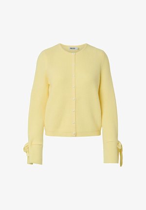 Yellow ribbed knit cardigan with a round neck, pearl-like buttons, and tie details at the cuffs. Soft texture, fitted design, lightweight fabric.