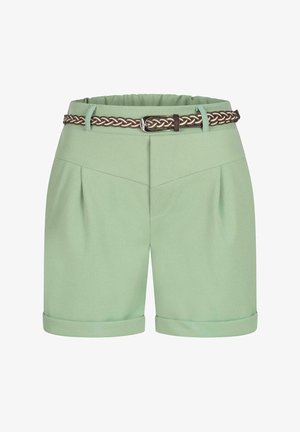 Zelene kratke hlače s plisiranim dizajnom, srolanim rubovima i pletenim smešnim remenom s srebrnom kopčom. Napravljene su od glatkog materijala.