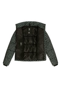 Paminkštinta striukė su žalia houndstooth rašto išore ir juoda vidine dalimi. Turi užtrauktuką ir elastingas rankoves.