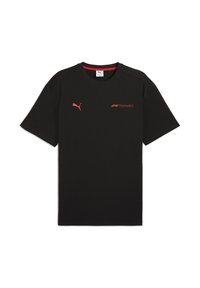 Sort t-shirt med røde accenter, der har et Puma-logo på venstre bryst og teksten "Formula 1" på fronten, hvilket fremhæver et sporty design.