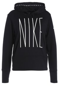 Sweat à capuche noir Nike avec grand texte blanc NIKE sur le devant et capuche à cordon doublée de petits logos Nike répétés.