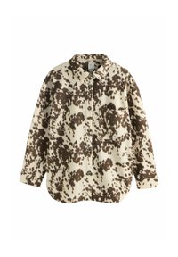 Brown and cream spotted fleece overshirt with a collar, button closure, and a chest pocket, featuring a relaxed fit and textured surface.