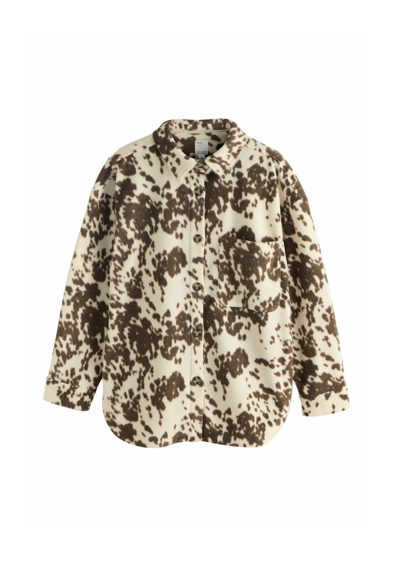 Brown and cream spotted fleece overshirt with a collar, button closure, and a chest pocket, featuring a relaxed fit and textured surface.