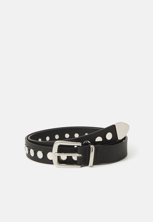 Black leather belt featuring circular silver studs, a rectangular metal buckle, and a smooth texture, with a tapered end design.