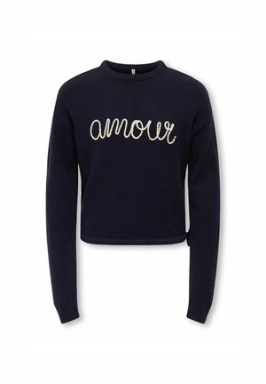 Granatowy sweter z długim rękawem, z okrągłym dekoltem i białym, kursywnym napisem "amour" wyszytym z przodu.