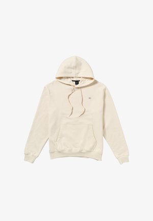 Beige Kapuzenpullover aus Baumwollmischung. Verfügt über eine Kängurutasche vorne, einen Kordelzug und gerippte Bündchen und Saum.
