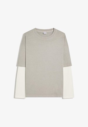 Gray short-sleeve T-shirt layered over a white long-sleeve shirt, laid flat on a white background.