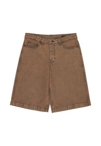 Shorts in denim marrone con vestibilità regolare, dotati di tasche frontali, chiusura con bottone e dettagli di cucitura a contrasto.
