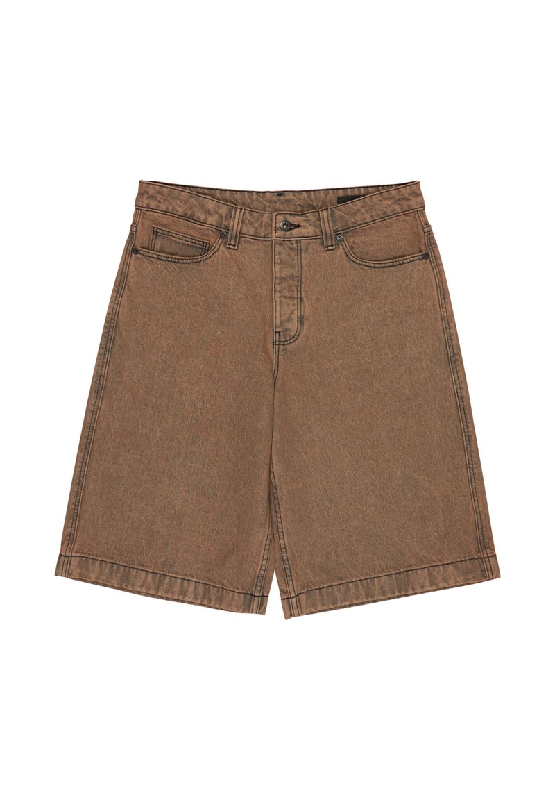 Shorts in denim marrone con vestibilità regolare, dotati di tasche frontali, chiusura con bottone e dettagli di cucitura a contrasto.