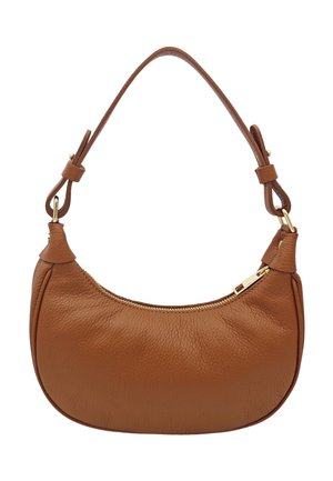 Sac à main en cuir marron en forme de croissant avec une courte bandoulière réglable et une fermeture éclair dorée sur le dessus.