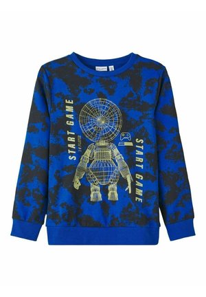 Niebiesko-czarna bluza z długimi rękawami, ozdobiona grafiką przewodowego bohatera oraz żółtym napisem "START GAME".