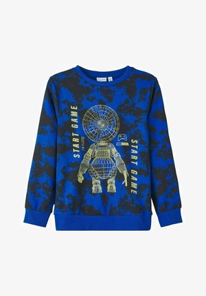 Sweat-shirt à manches longues à motifs bleus et noirs, avec un graphique d'un personnage câblé et le texte "START GAME" en jaune.