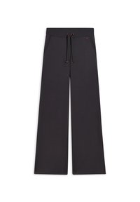 Pantalones de pierna ancha en gris oscuro, elaborados con un material suave, que cuentan con una cinturilla elástica con cordón y dos bolsillos laterales.