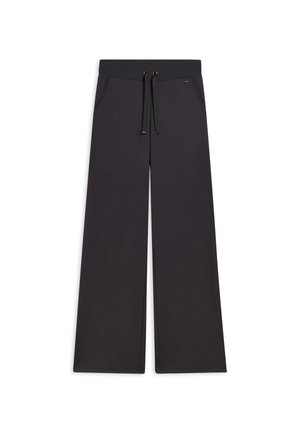 Pantaloni larghi grigio scuro realizzati in materiale morbido, con una vita elastica dotata di cordoncino e due tasche laterali.