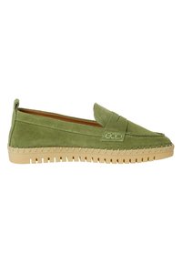 Zelené semišové slip-on boty s nízkým profilem, se šitým designem a béžovou gumovou podrážkou s drážkami pro lepší grip.