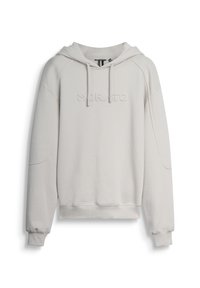 Sudadera de color gris claro hecha de material suave, con capucha, bolsillo tipo canguro en la parte frontal y logo "Morato" en relieve en el pecho.