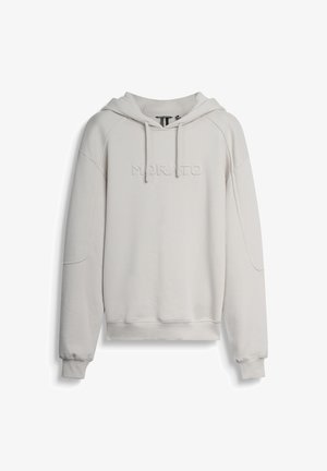 Sudadera de color gris claro hecha de material suave, con capucha, bolsillo tipo canguro en la parte frontal y logo "Morato" en relieve en el pecho.
