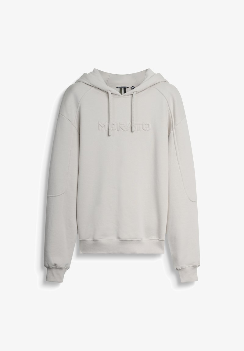 Felpa grigia chiara realizzata in materiale morbido, con cappuccio, tasca a marsupio frontale e logo "Morato" in rilievo sul petto.