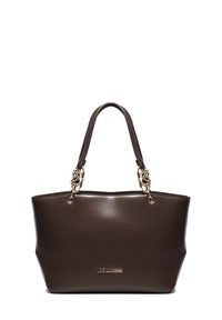 Borsa tote in pelle marrone scuro con dettagli in catena dorata sui doppi manici e logo "Love Moschino" davanti.