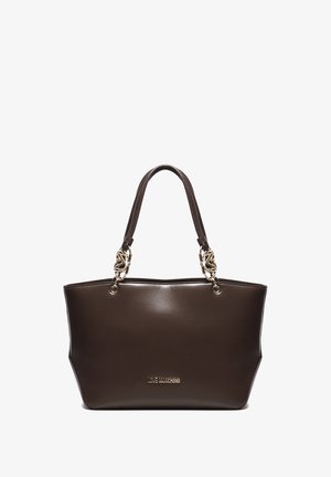 Borsa tote in pelle marrone scuro con dettagli in catena dorata sui doppi manici e logo "Love Moschino" davanti.