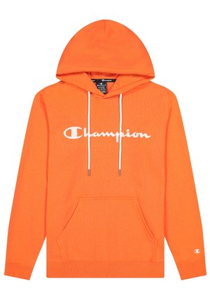 Pomarańczowa bluza z kapturem z białymi sznurkami, kieszenią z przodu oraz białym logo "Champion" na piersi i małym logo na rękawie.