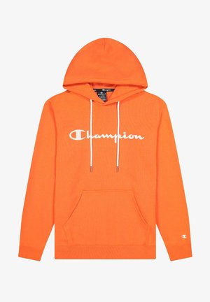 Sweat à capuche orange avec cordons blancs, poche frontale, logo "Champion" blanc sur la poitrine et petit logo sur la manche.
