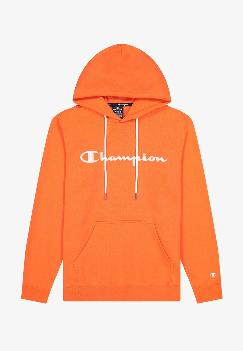 Sweat à capuche orange avec cordons blancs, poche frontale, logo "Champion" blanc sur la poitrine et petit logo sur la manche.