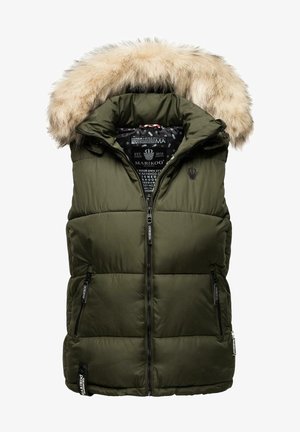Olive green puffer vest with a removable faux fur hood. It features a front zipper and two zippered side pockets. Textured quilted design.