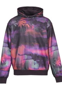 Felpa con cappuccio realizzata in tessuto morbido, caratterizzata da un motivo astratto multicolore con palme, principalmente nei toni del viola, rosa e nero.