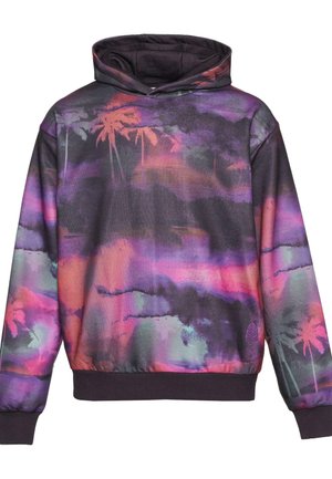 Felpa con cappuccio realizzata in tessuto morbido, caratterizzata da un motivo astratto multicolore con palme, principalmente nei toni del viola, rosa e nero.