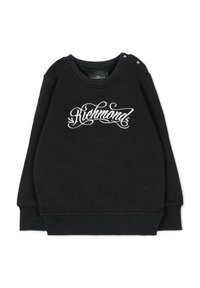 Zwarte sweatshirt met een ronde halslijn, voorzien van geborduurde witte tekst "Richmond". Inclusief schouderknopen en geribde manchetten.